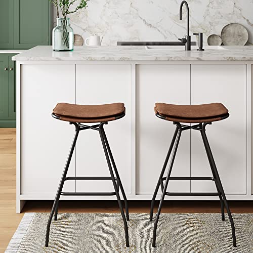 Nathan James Dominique 30 inch Industrial Backless Kitchen Bar Stool with Leather Saddle Seat Upholstered Cushion and Black Metal Base, Brown/Black, Set of 2