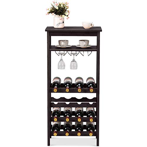 COSTWAY 16-Bottle Wine Rack, Free Standing Wine Storage Shelves, Wine Display Bamboo Rack with Glass Holder, Wobble-Free Bottle Holder for Kitchen Bar Dining Room Living Room (Brown)