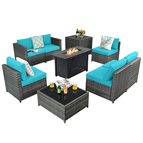 COSTWAY 9 PCS Wicker Sofa Rattan Furniture Set w/Propane Gas Fire Pit 60,000 Btu Heater, Turquoise