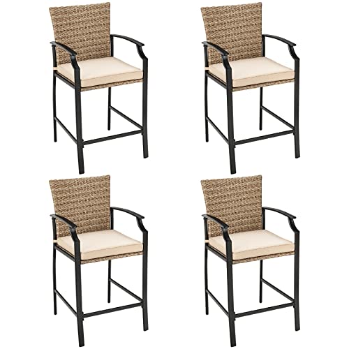 COSTWAY 4PCS Patio Rattan Bar Stool Chairs Cushioned Seat Footrest & Armrest