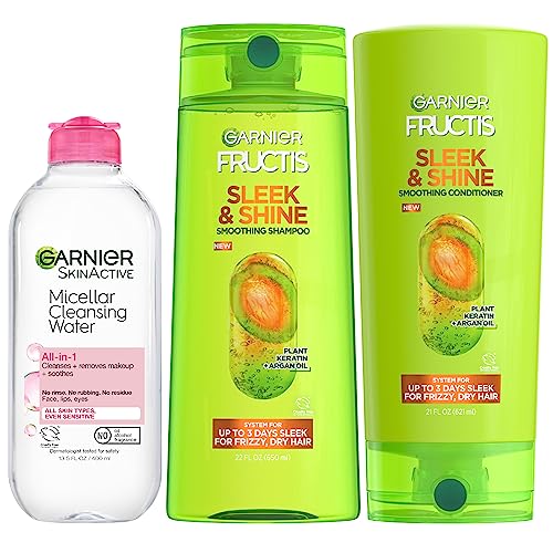 Garnier Back to School Bundle|Micellar Water (400mL) + Fructis Sleek & Shine Shampoo (22 Fl Oz), Conditioner (21 Fl Oz) (3 Items), 1 Kit (Packaging May Vary)