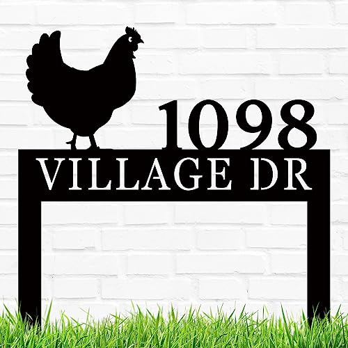 Custom Address Number Hen Metal Yard Stakes, Personalized Chicken Sign for Front Door, House Number Plaque for Outside