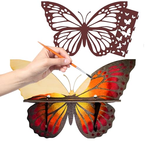 Enchanted Garden Butterfly STENCILS INCLUDED Paint-It-Yourself Hanging Shelf Arts and Crafts Kit for Adults or Kids with Hook Hangers Unfinished Wood