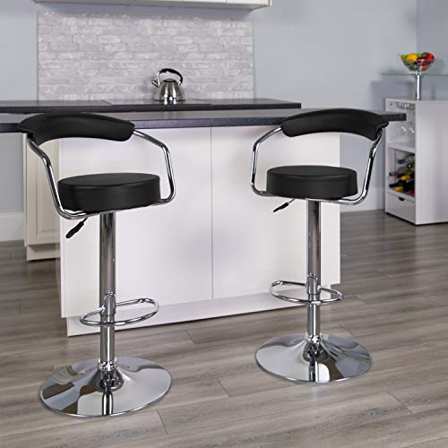 Flash Furniture Taft 2 Pk. Contemporary Black Vinyl Adjustable Height Barstool with Arms and Chrome Base