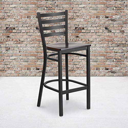 Flash Furniture 2 Pack HERCULES Series Black Ladder Back Metal Restaurant Barstool - Walnut Wood Seat