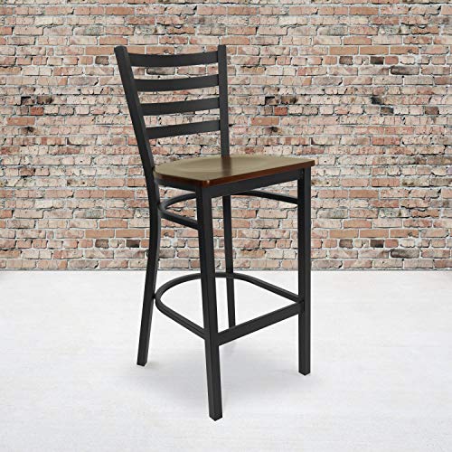 Flash Furniture 2 Pack HERCULES Series Black Ladder Back Metal Restaurant Barstool - Mahogany Wood Seat