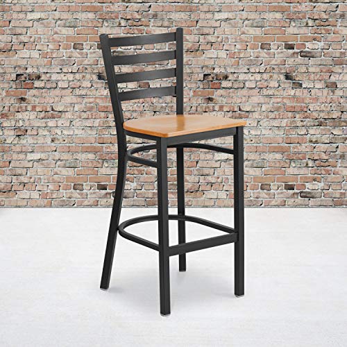 Flash Furniture 2 Pack HERCULES Series Black Ladder Back Metal Restaurant Barstool - Natural Wood Seat