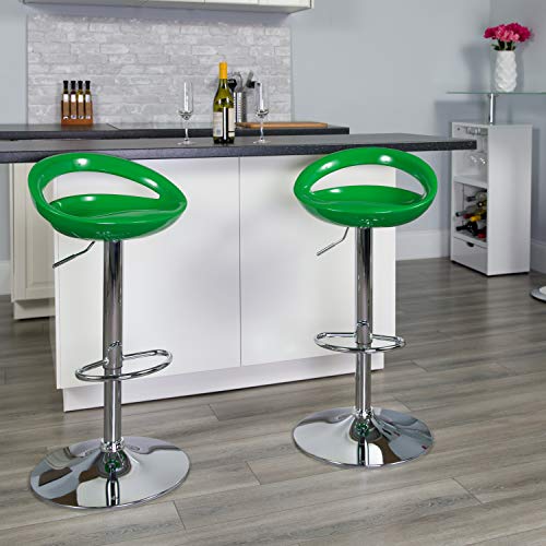 Flash Furniture Wilson 2 Pk. Contemporary Green Plastic Adjustable Height Barstool with Rounded Cutout Back and Chrome Base