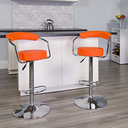 Flash Furniture Taft 2 Pk. Contemporary Orange Vinyl Adjustable Height Barstool with Arms and Chrome Base