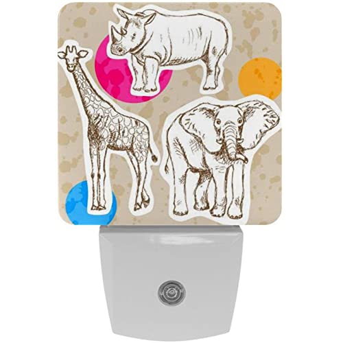 2 Pack Plug-in Nightlight LED Night Light Vintage Sketch Giraffe Elephant Rhino, Dusk-to-Dawn Sensor for Kid's Room Bathroom, Nursery, Kitchen, Hallway