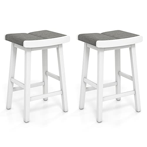 COSTWAY Saddle Stools Set of 2, 26-inch Height Backless Bar Chair with Rubber Wood Frame, Sponge Cushions, Foot Rest, Upholstered Counter Height Bar Stools for Kitchen Island Dining Room, Grey+White