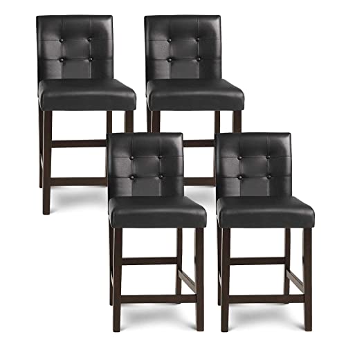 COSTWAY Set of 4 Bar Stools, Upholstered Barstool with Back, PVC Leather Counter Height Chairs, Pub Bistro Kitchen Dining Side Chair Barstools with Solid Wood Legs (Set of 4)