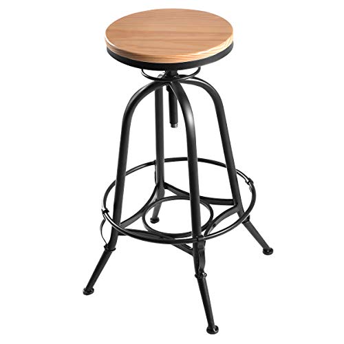 COSTWAY Counter Height Bar Stools, Swivel Adjustable, Metal Frame Side Chair with Round Wood Top, Industrial Barstool with footrest Ideal for Pub Bistro Kitchen Dining