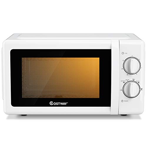 COSTWAY Retro Countertop Microwave Oven, 0.7 Cu. Ft, 700W Mechanical Compact Microwave Oven 6 Micro Power Settings, Glass Turntable and Viewing Window, ETL Certification (White)