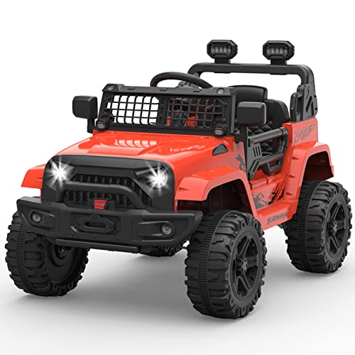 Ride on Truck Car 12V Kids Electric Vehicles with Remote Control Spring Suspension, LED Lights, Bluetooth, 2 Speeds (Red)