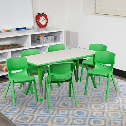 Flash Furniture Emmy Adjustable Classroom Activity Table with 6 Stackable Chairs, Rectangular Plastic Activity Table for Kids, 23.625" W x 47.25" L, Green/Gray