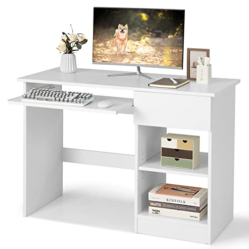 COSTWAY Computer Desk with Keyboard Tray, Large Drawer, Home Office Desk with Adjustable Shelf & Cable Hole, Study Desk, Modern Writing Workstation, PC Laptop Table