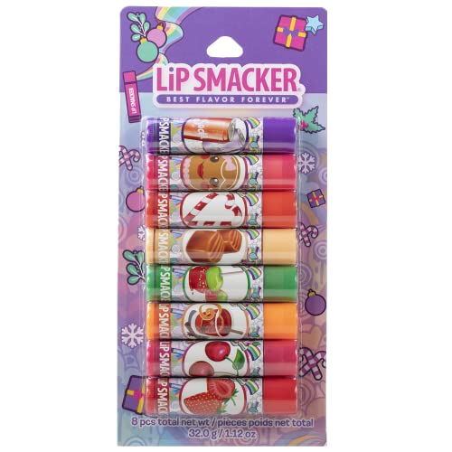 Lip Smacker Original & Best Holiday Chritmas Flavored Lip Balm, | Flavors Soda Pop, Gingerbread, Candy Cane, Caramel, Candy Apple, Holiday Punch, Cherry, Icy Strawberry | Set of 8 Gift for Kids