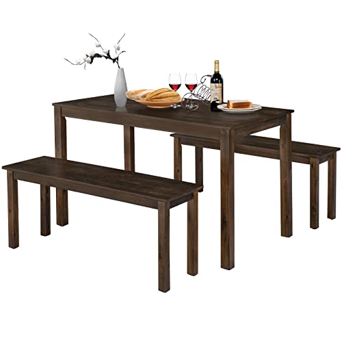 COSTWAY 3-Piece Dining Table Set for 4, Industrial Rectangular Kitchen Dining Table with 2 Benches, Sturdy Structure, Space-Saving Breakfast Table and Chairs Set for Home, Restaurant, Pub, Bar (Brown)