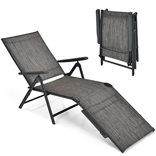 COSTWAY Folding Chaise Lounge Chair Outdoor Portable Reclining Lounger Beach Grey