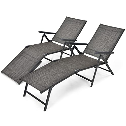 COSTWAY 2 PCS Folding Chaise Lounge Chair Outdoor Portable Reclining Lounger Grey