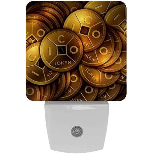 2 Pack Plug-in Nightlight LED Night Light ICO Initial Coin Golden Token-, Dusk-to-Dawn Sensor for Kid's Room Bathroom, Nursery, Kitchen, Hallway