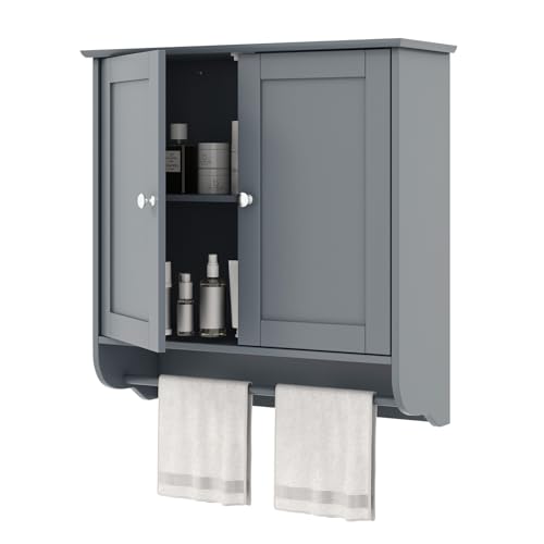 COSTWAY Bathroom Wall Cabinet, Over The Toilet Storage Cabinet w/ 2 Doors, Adjustable Shelf and Towel Bar, Space-Saving Wall Mounted Medicine Cabinet for Bathroom Kitchen Laundry Room (Grey)