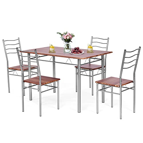 COSTWAY 5 Pieces Dining Room Table Set, Modern Kitchen Table Set with Metal Framework & Anti-slip Pads, Dining Furniture Set with 4 High Back Chairs for Dining room, Restaurant and Cafe (Natural Wood)