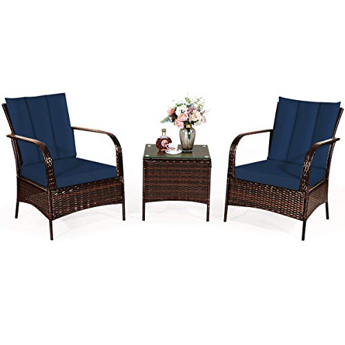 COSTWAY 3 PCS Patio Rattan Furniture Set Coffee Table & 2 Rattan Chair W/Navy Cushions