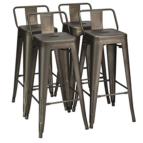 COSTWAY Metal Bar stools Set of 4, with Removable Back, 30'' Bar Height Stools with Rubber Feet, Stylish and Modern Chairs, for Kitchen, Dining Rooms, and Side Bar (Gun, 30'')