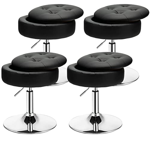 COSTWAY Counter Height Bar Stool Set of 4, Tufted PU Leather 20"-26" H Adjustable Swivel Vanity Chair with Removable Tray Top and Storage Space, Modern Round Ottoman for Makeup Kitchen Island, Black