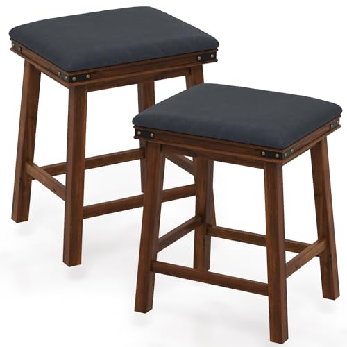 COSTWAY Upholstered Bar Stool, Backless Bar Chairs with PU Leather Padded Seat, Solid Wood Frame and Footrest, Counter Height Stools for Kitchen Island Home Bar (Brown, 24-inch & Set of 2)