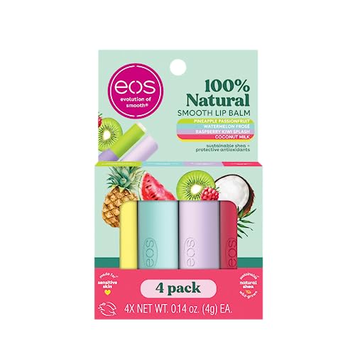eos 100% Natural Lip Balms- Coconut Milk, Pineapple Passionfruit, Watermelon Frosé & Raspberry Kiwi Splash, All-Day Moisture Lip Care, 0.14 oz, 4-Pack