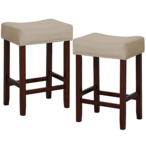 COSTWAY Counter Height Bar Stools Set of 2, 25-inch Backless Saddle Stools with Nailhead Trim, Rubber Wood Frame, Footrest, Max Load 330 Lbs, Upholstered Barstools for Kitchen Island Pub, Beige