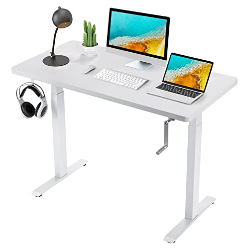 COSTWAY Standing Desk Adjustable Height, 48" x 24" Manual Sit to Stand Desk with Headphone Hook & Cable Tray, Solid One-Piece Table Top for Home & Office (White)