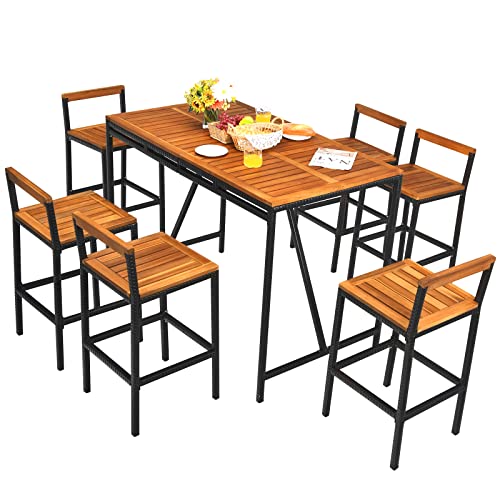 COSTWAY 7PCS Patio Rattan Bar Set Acacia Wood Frame Stools Table Umbrella Hole