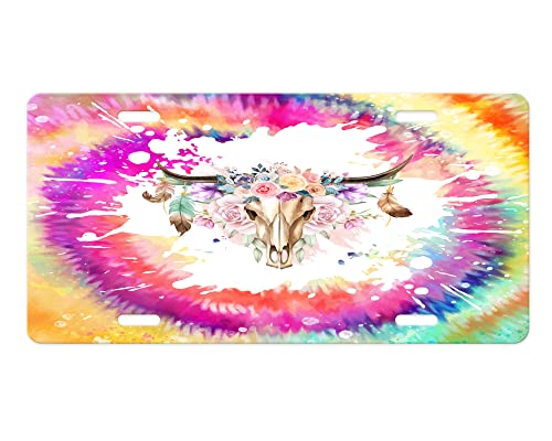 Vanity Decorative Aluminum Front License Plate (Tie Dye Cowskull)