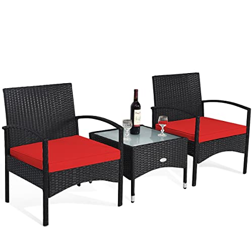 COSTWAY 3 PCS Patio Wicker Rattan Furniture Set Coffee Table & 2 Rattan Chair W/Red Cushion