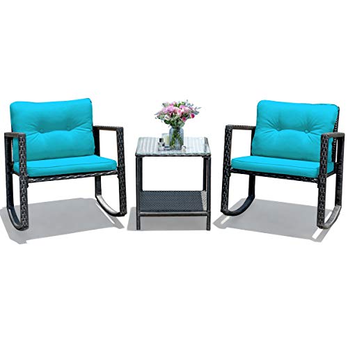 COSTWAY 3PCS Patio Rattan Furniture Set Rocking Chairs Cushioned Conversation Set Blue