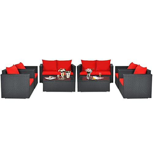 COSTWAY 8PCS Patio Rattan Furniture Set Cushioned Sofa Chair Coffee Table Garden Red