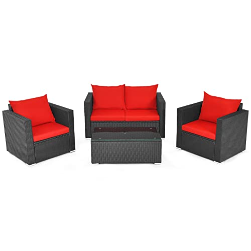 COSTWAY 4PCS Patio Rattan Furniture Set Cushioned Sofa Chair Coffee Table Garden Red