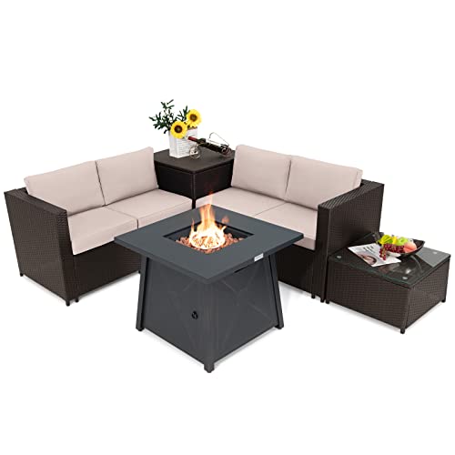 COSTWAY 5PCS Patio Rattan Furniture Set 30" Gas Fire Pit Table W/Cover Beige