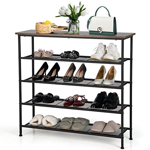 COSTWAY Shoe Rack, 5-Tier Free Standing Shoe Storage Organizer with Wooden Top, 4 Metal Mesh Shelves for 16-20 Pairs Shoes, Adjustable Protecting Feet for Entryway, Hallway, Rustic Brown and Black