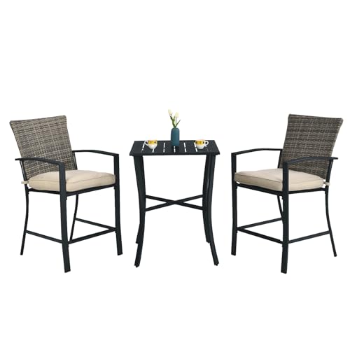 COSTWAY 3PCS Patio Rattan Bar Furniture Set Slat Table 2 Cushioned Stools Poolside Gray