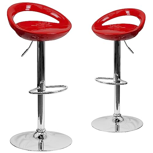 Flash Furniture Wilson 2 Pack Contemporary Red Plastic Adjustable Height Barstool with Rounded Cutout Back and Chrome Base