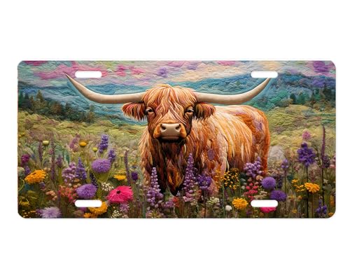 Vanity Decorative Front License Plate - Cute Car License Plate Made in the USA - Aluminum Metal Plate - Premium Quality Car Plate - Front Plate for Car (Highland Cow in Wildflowers)