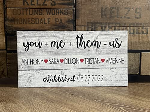 Blended Family, Christmas or Wedding Gift, You + Me + Them = Us, PERSONALIZE, PERFECT Anniversary Gift or Welcome Sign, Personalized RUSTIC Canvas, Marriage,