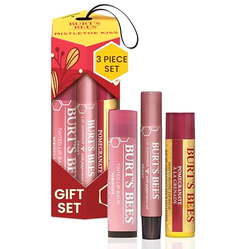 Burt's Bees Christmas Gifts, 3 Lip Care Stocking Stuffers Products, Mistletoe Kiss Set - Pomegranate Moisturizing Lip Balm, Hibiscus Tinted Lip Stain + Balm Duo & Peony Lip Shimmer Oil Stick (3-Pack)