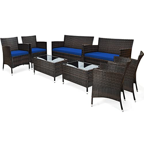 COSTWAY 8PCS Rattan Patio Furniture Set Cushioned Sofa Chair Coffee Table Navy