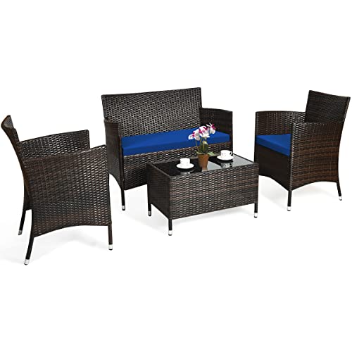 COSTWAY 4PCS Rattan Patio Furniture Set Cushioned Sofa Chair Coffee Table Navy